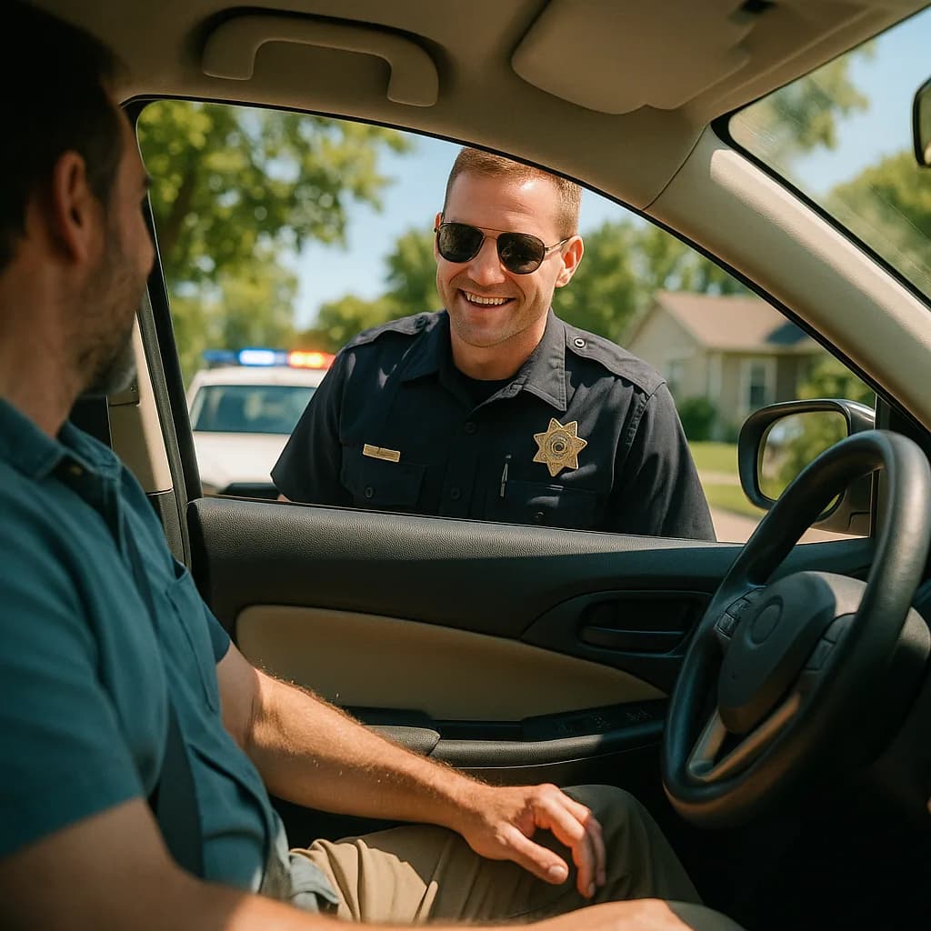 Police officer in sunglasses smiling while speaking to driver during traffic stop