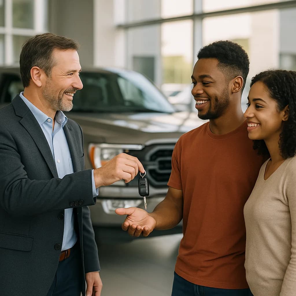 Car salesman handing keys to happy couple at dealership showroom