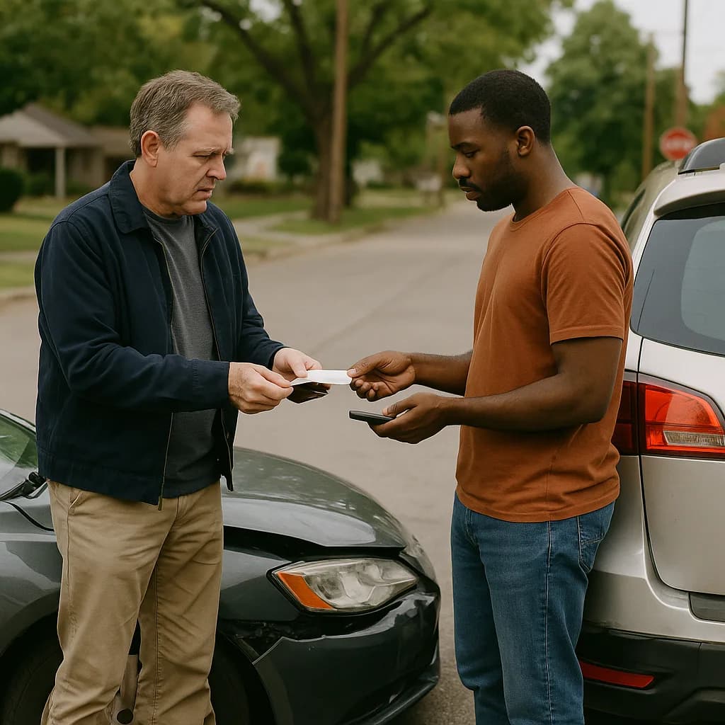 Two men exchanging insurance information after a car accident on a suburban street