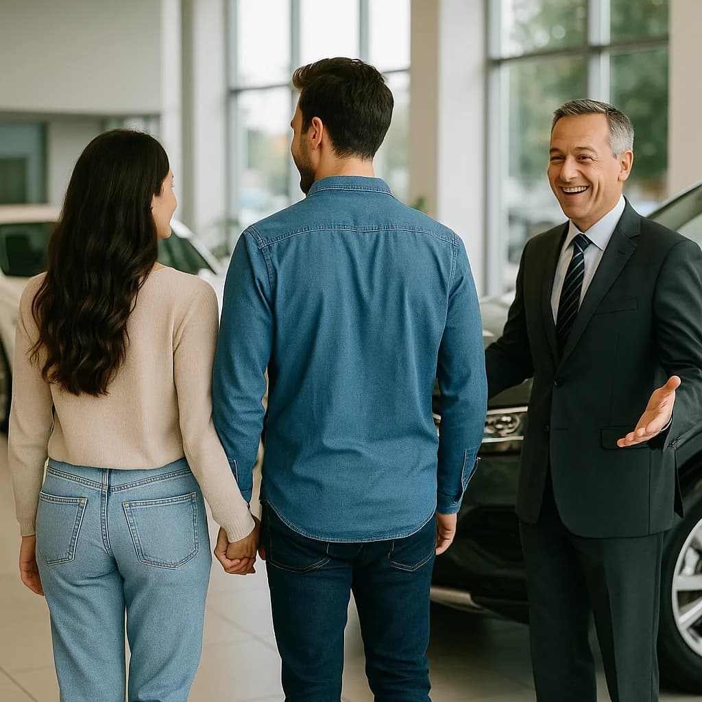 Car salesman greeting young couple in modern automotive dealership showroom