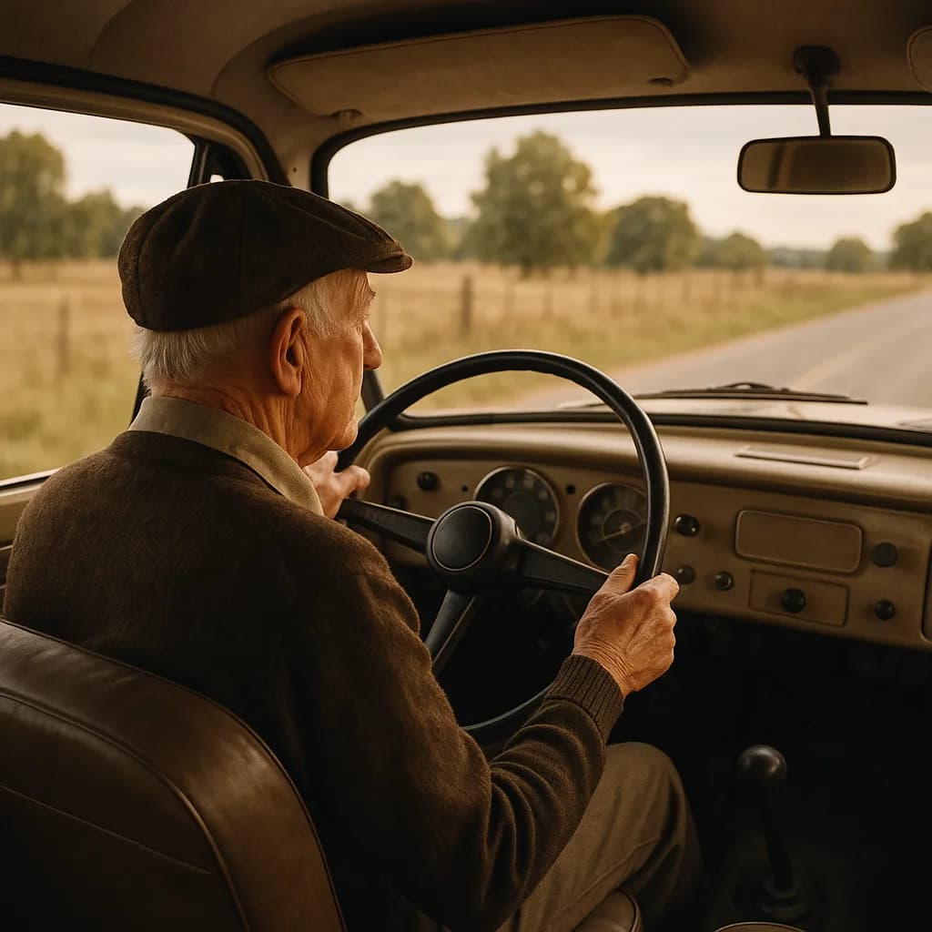 Elderly man in flat cap driving vintage car on rural country road with fields and trees in background