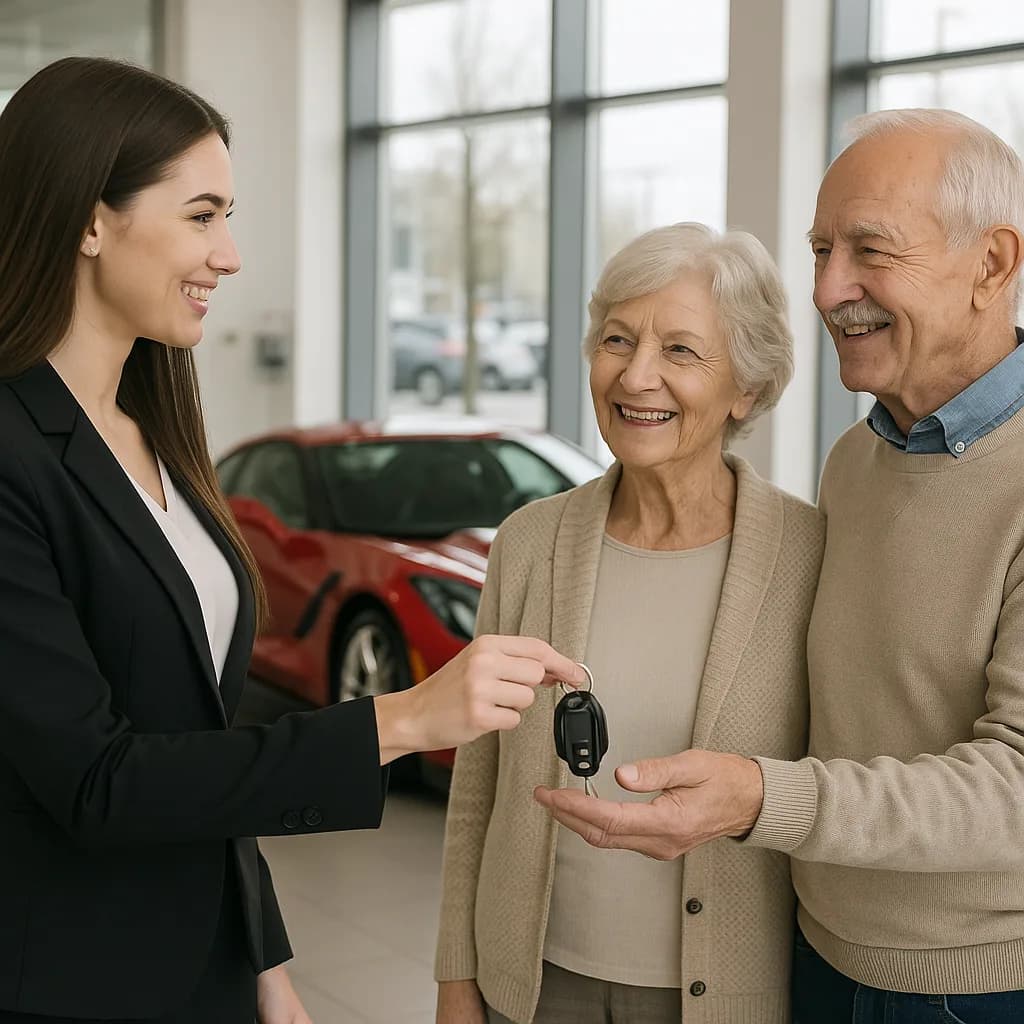 Car salesperson handing keys to elderly couple at dealership showroom with red car in background