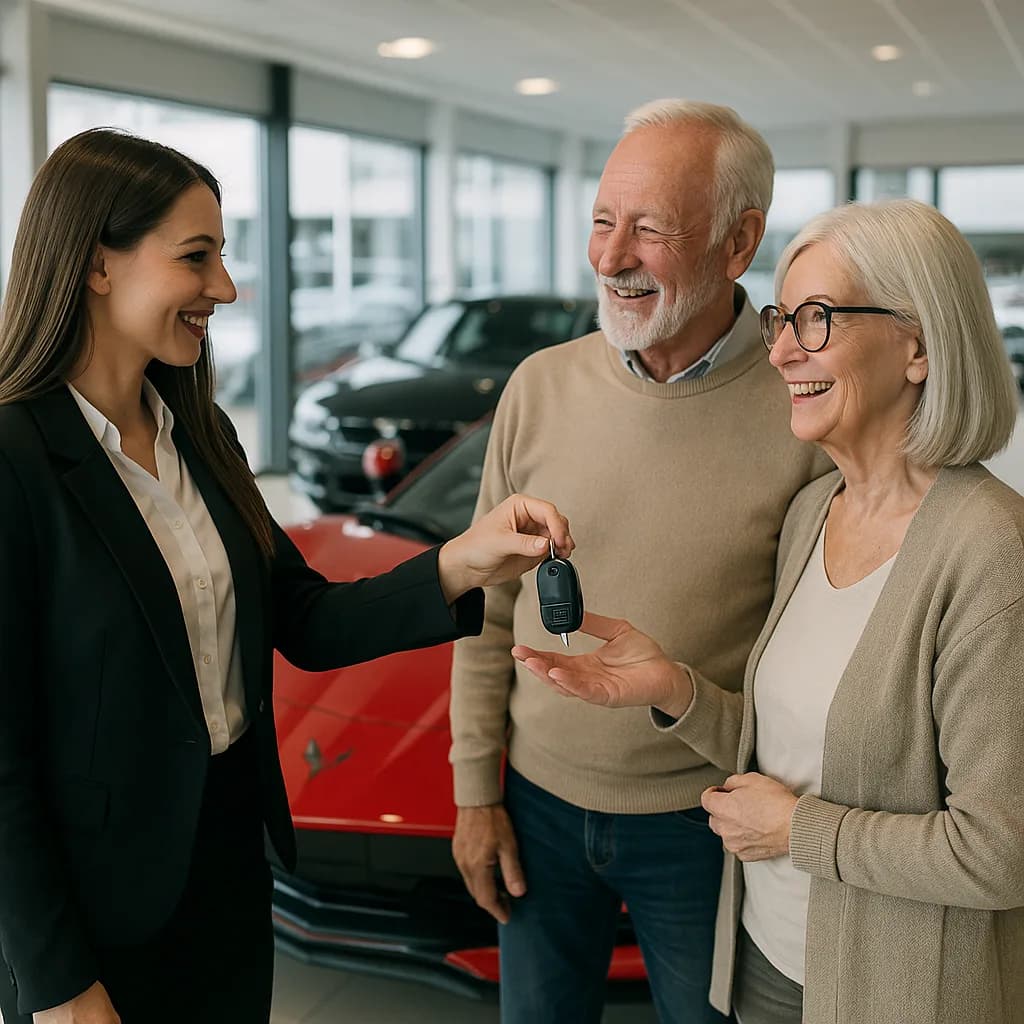 Salesperson handing car keys to happy senior couple at auto dealership showroom