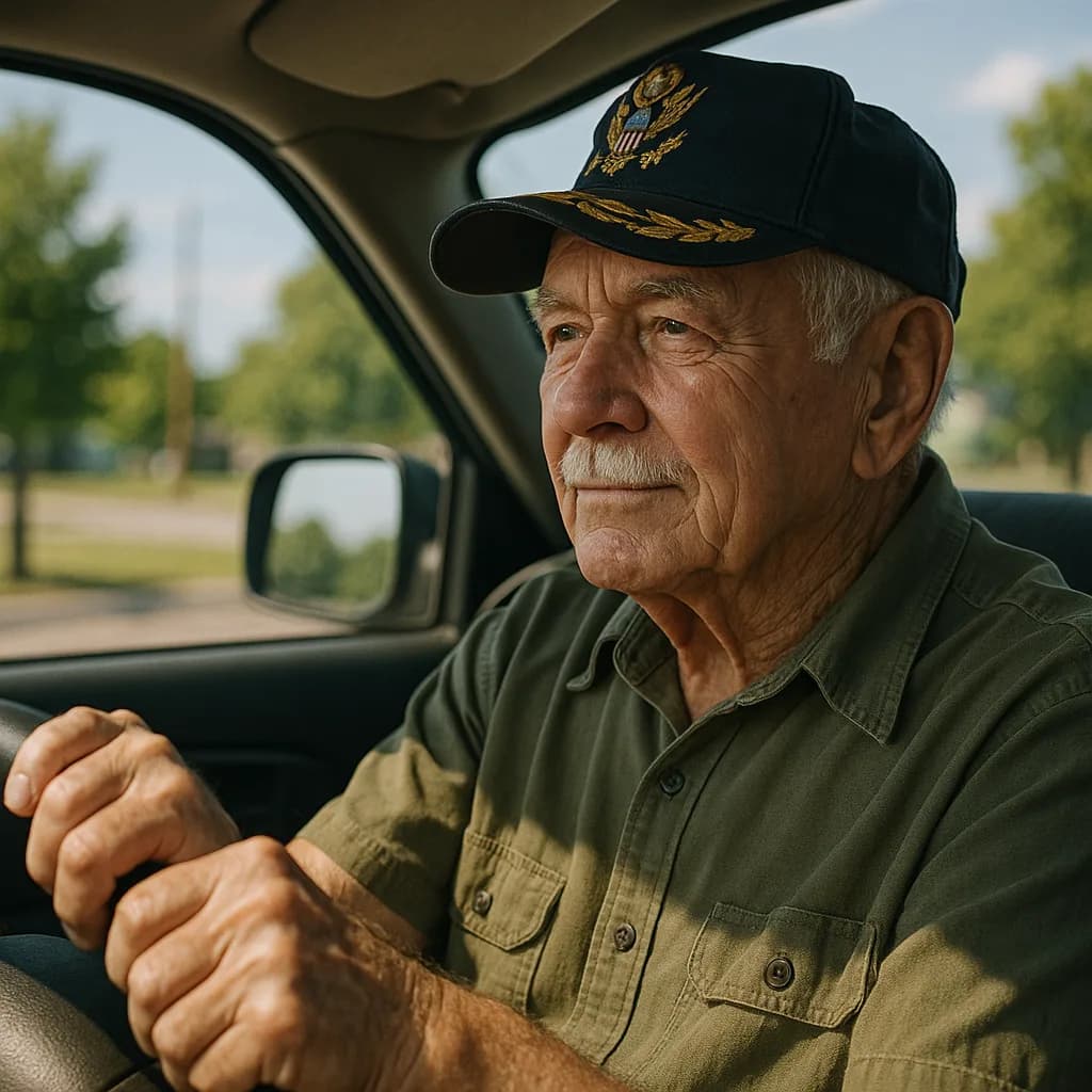 Elderly military veteran in uniform cap sitting pensively in car, looking out window with clasped hands