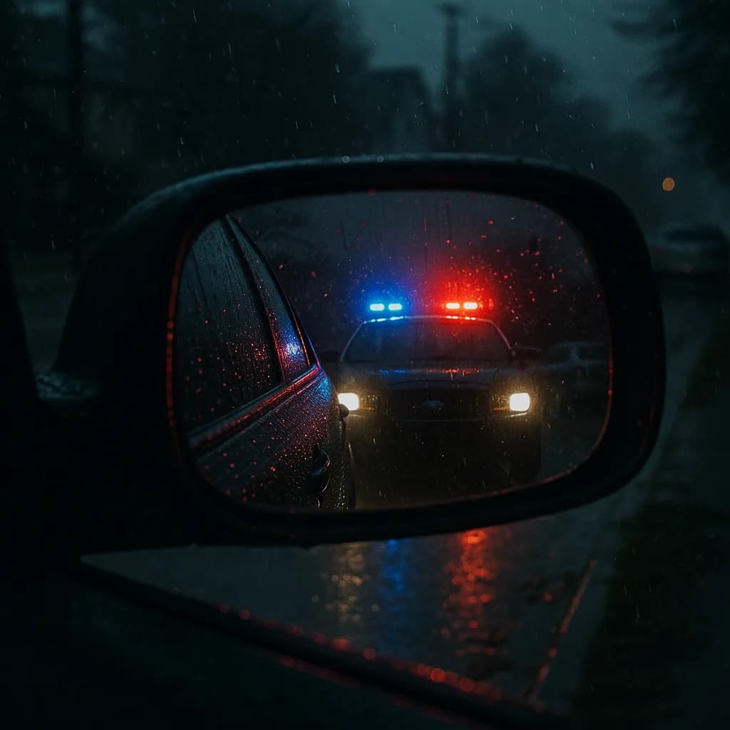 Police car with flashing lights reflected in wet car side mirror at night during rain