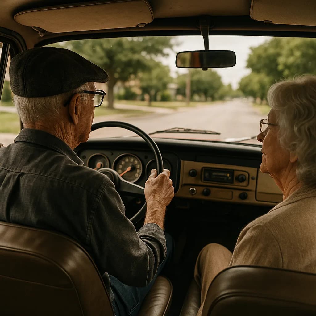 Elderly couple driving together in vintage car on tree-lined road, view from back seat