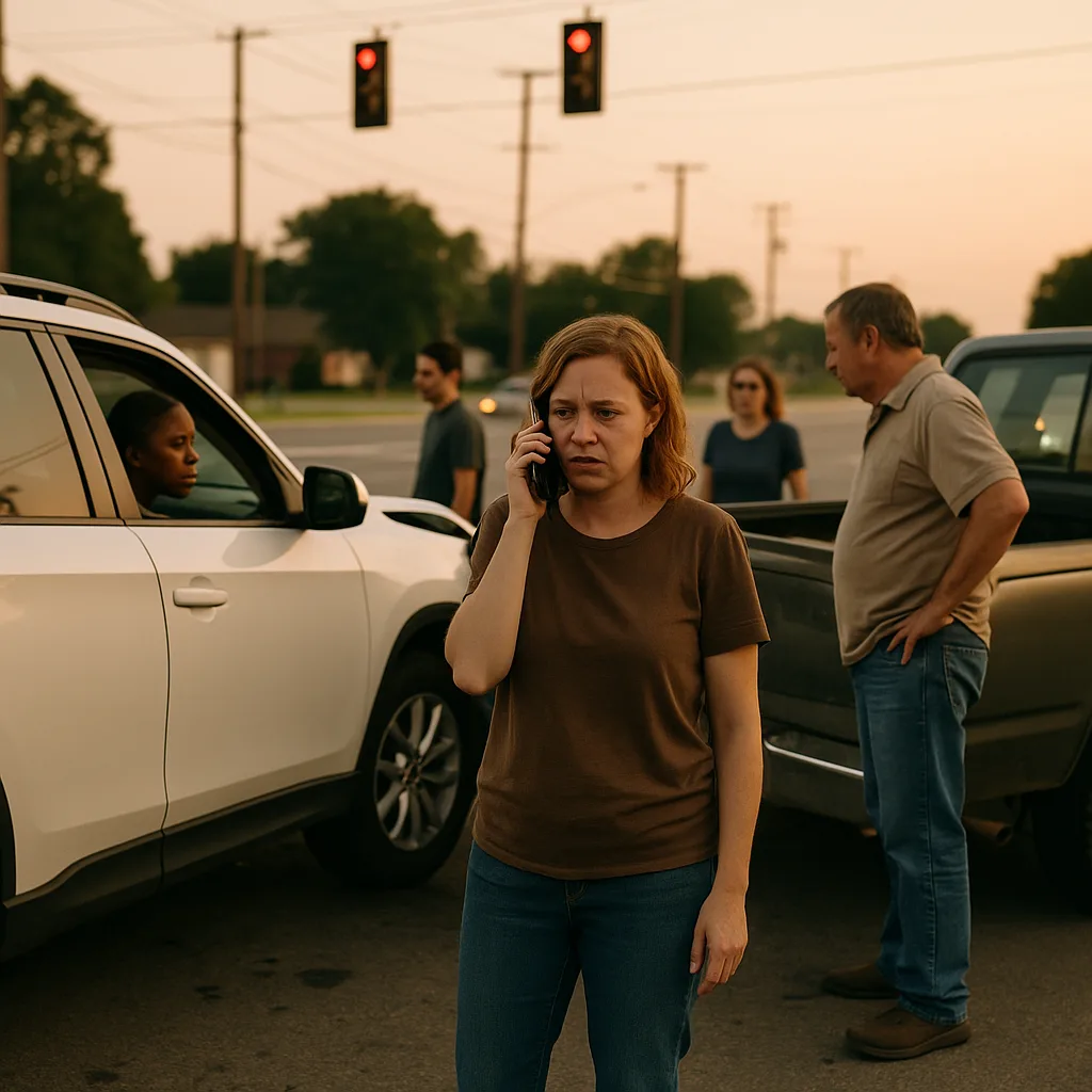 Woman on phone call at intersection with concerned expression, other people and cars visible in background