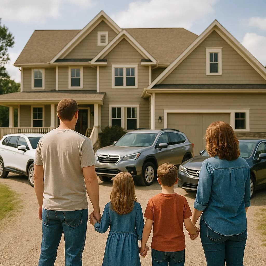 Family of four holding hands while looking at a large beige two-story house from the driveway
