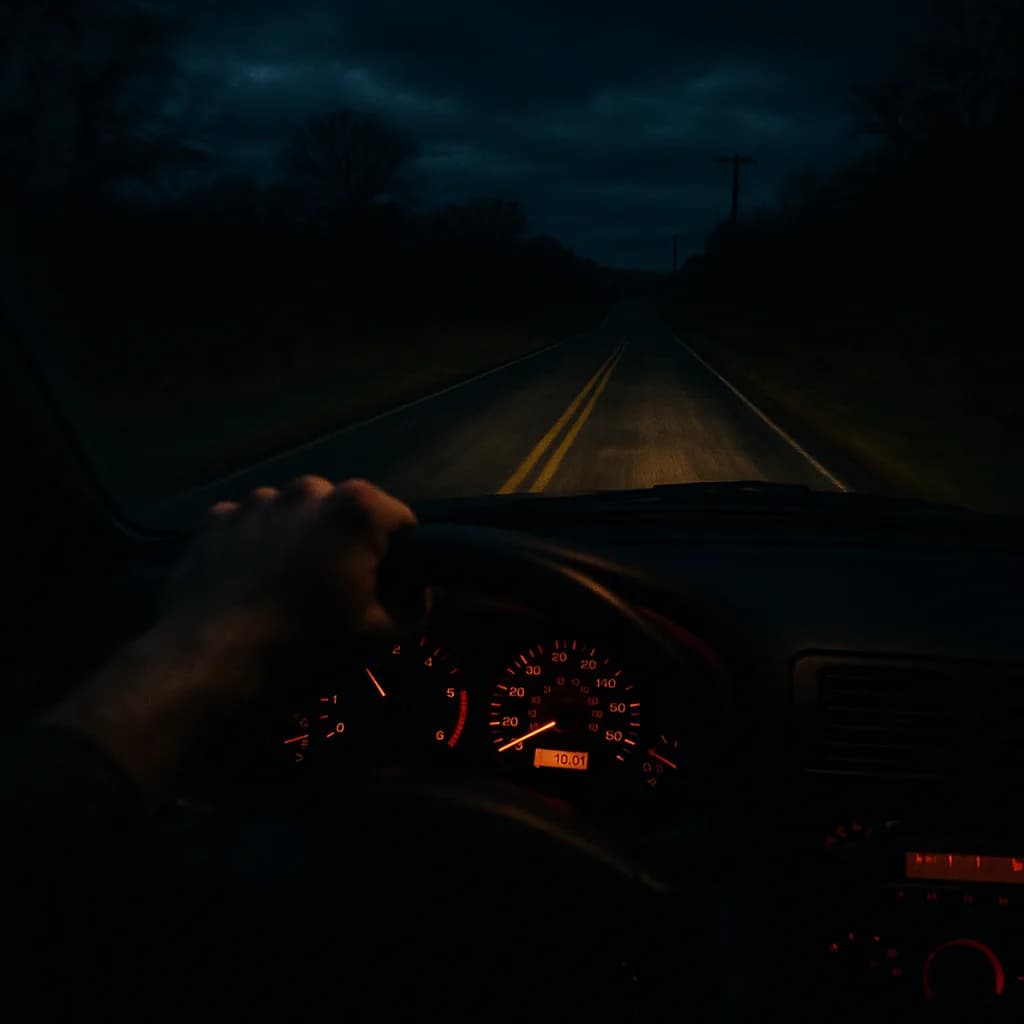 Driver's perspective on dark rural road at night with illuminated dashboard and headlights on highway