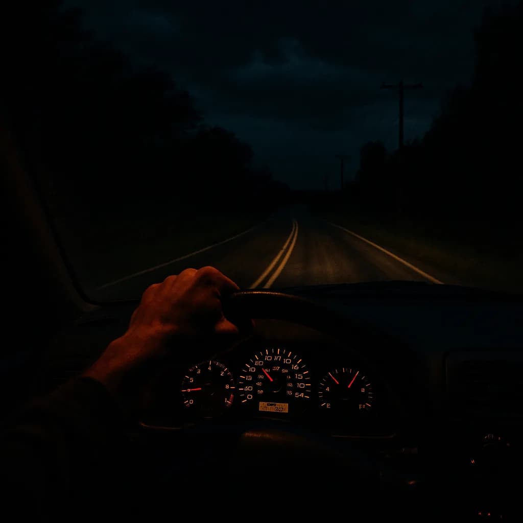 Dark moody photo of driver's hand on steering wheel at night with illuminated orange dashboard gauges