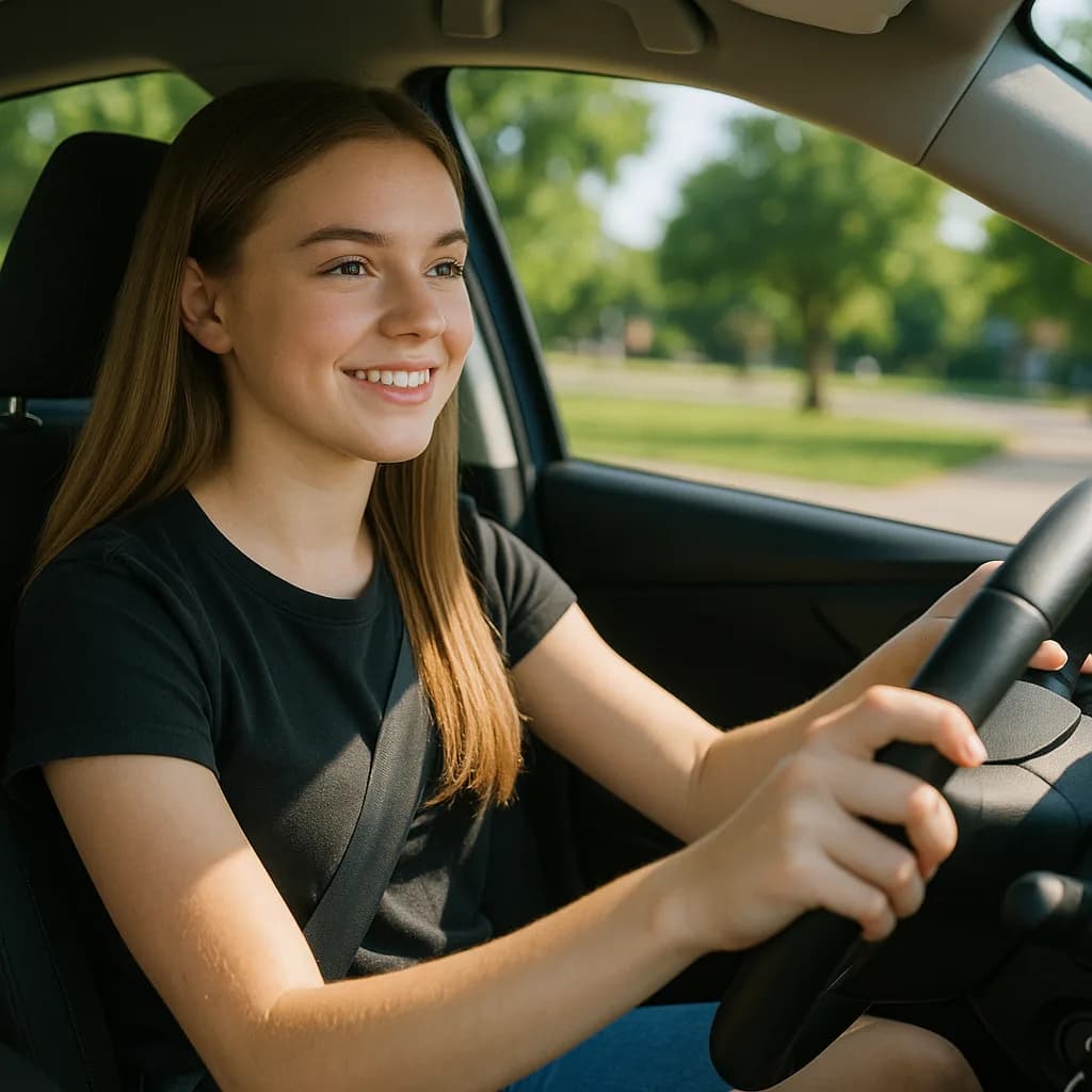 Happy young woman smiling while driving a car with green park scenery visible through windows