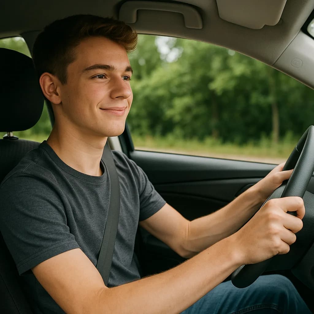 Young man smiling while driving a car with green trees visible through the window