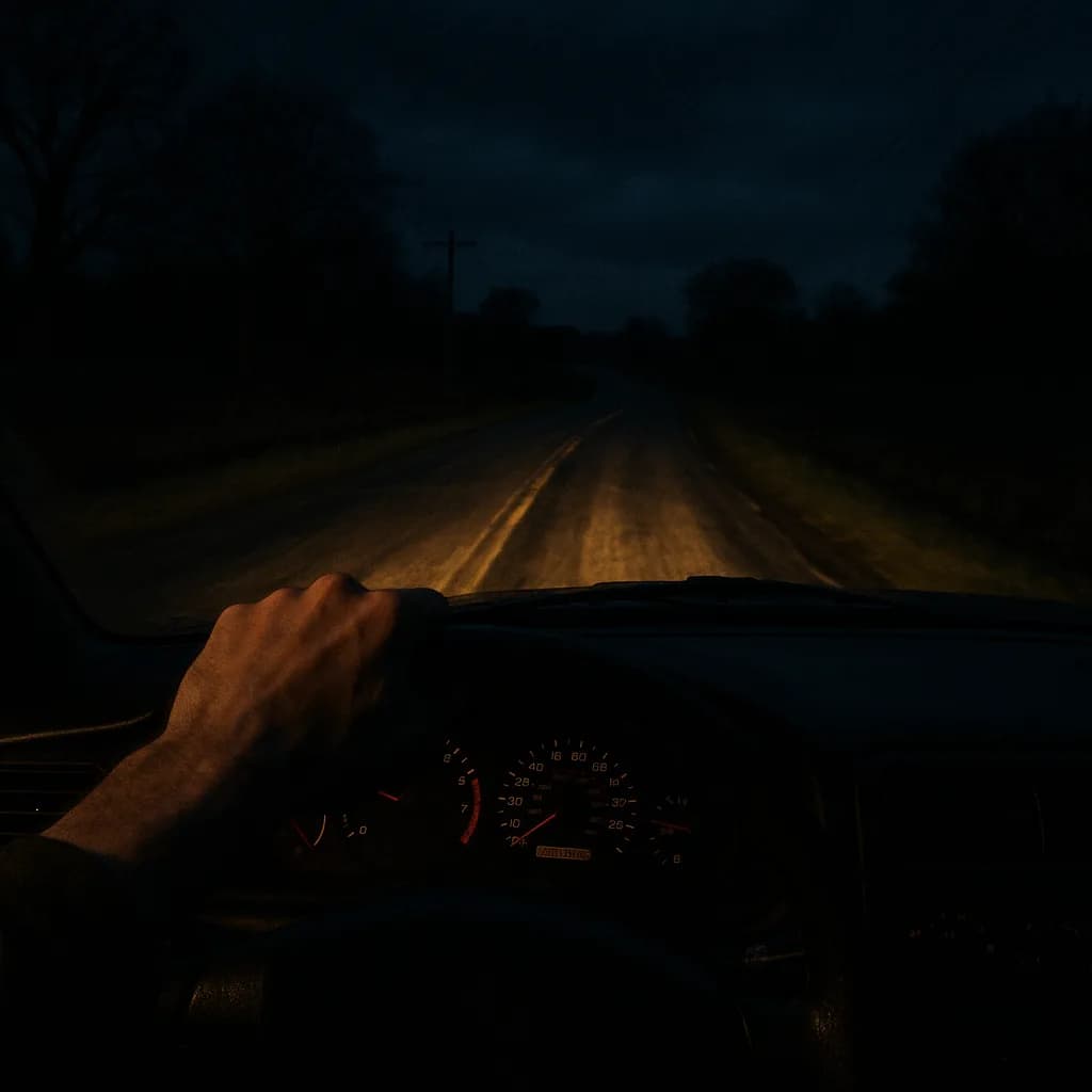 Driver's hand on steering wheel at night with headlights illuminating dark road ahead