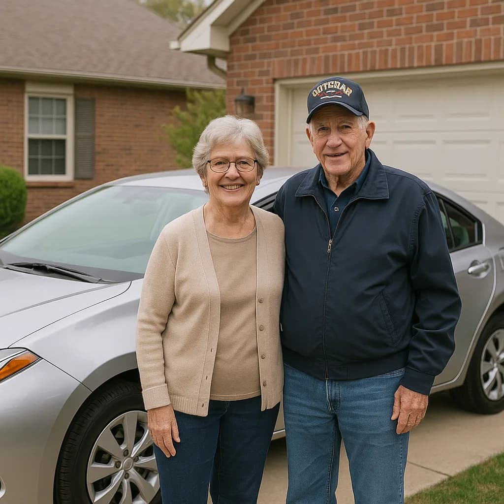 Elderly couple standing in front of their car in residential driveway