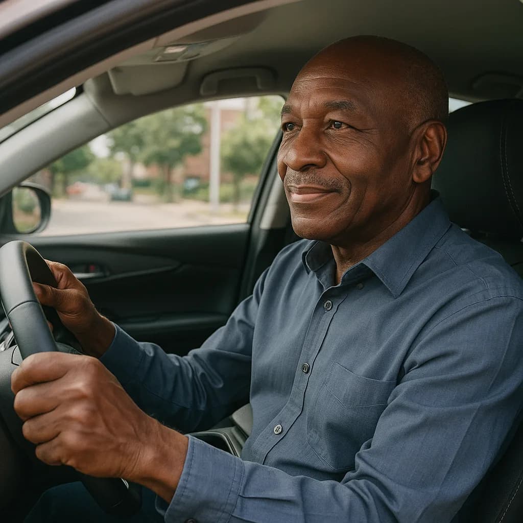 Mature man in blue shirt sitting in driver's seat of car, hands on steering wheel, looking ahead with calm expression