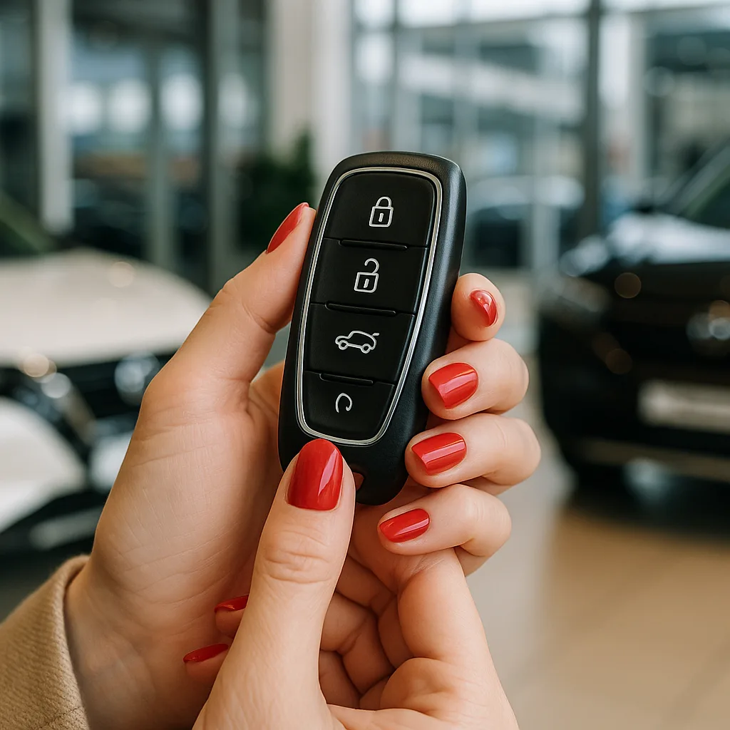Hand with red nails holding black car key fob with lock, unlock, trunk, and start buttons in dealership