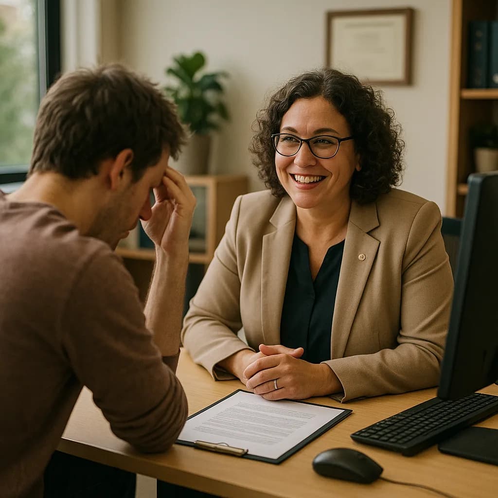 Professional woman in blazer meeting with client at desk in modern office setting