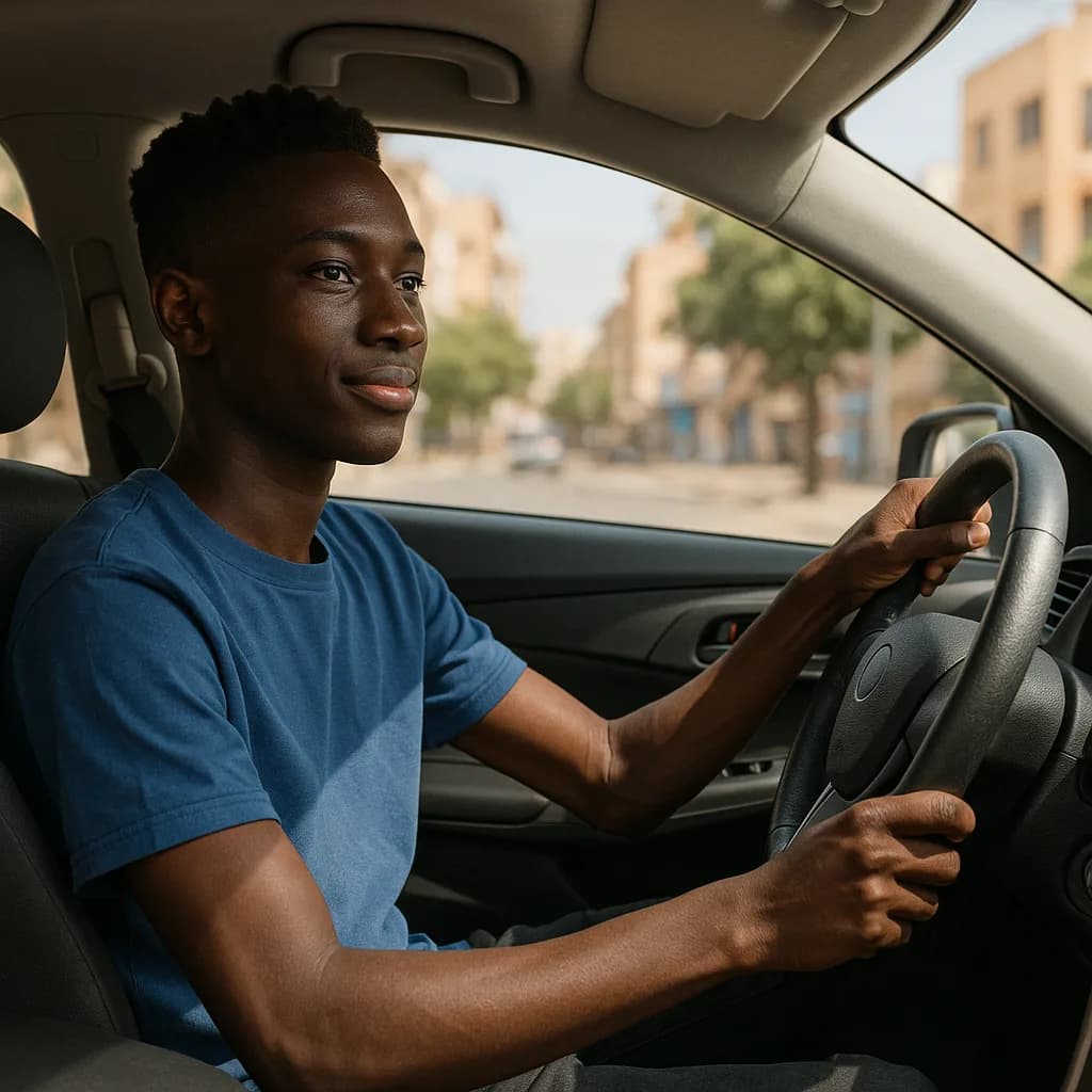 Young man in blue shirt driving car on city street