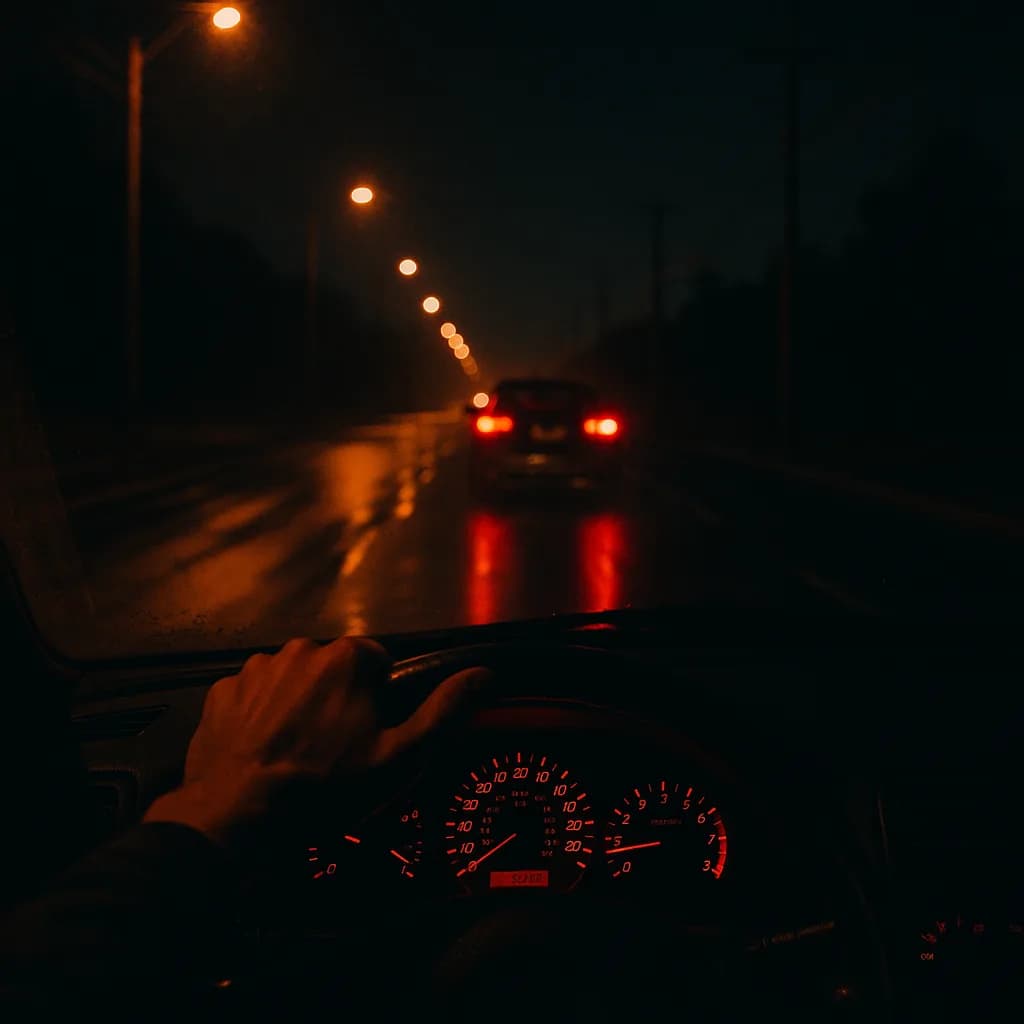 Night driving view from inside car showing wet road, street lights, and red dashboard gauges