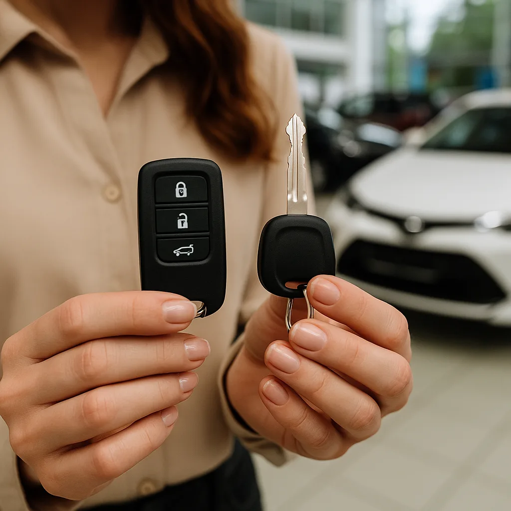 Woman holding modern key fob and traditional car key at dealership with vehicles in background