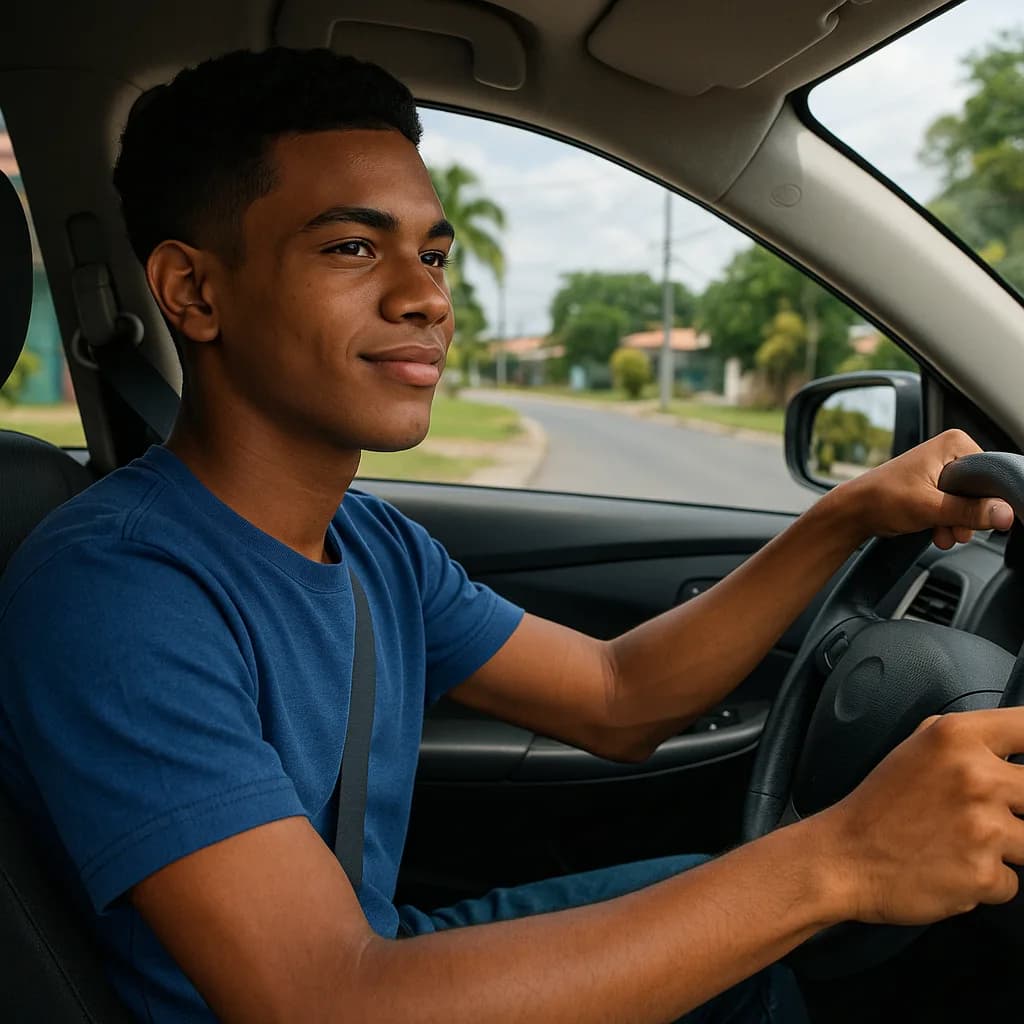 Young man in blue shirt driving car on residential street