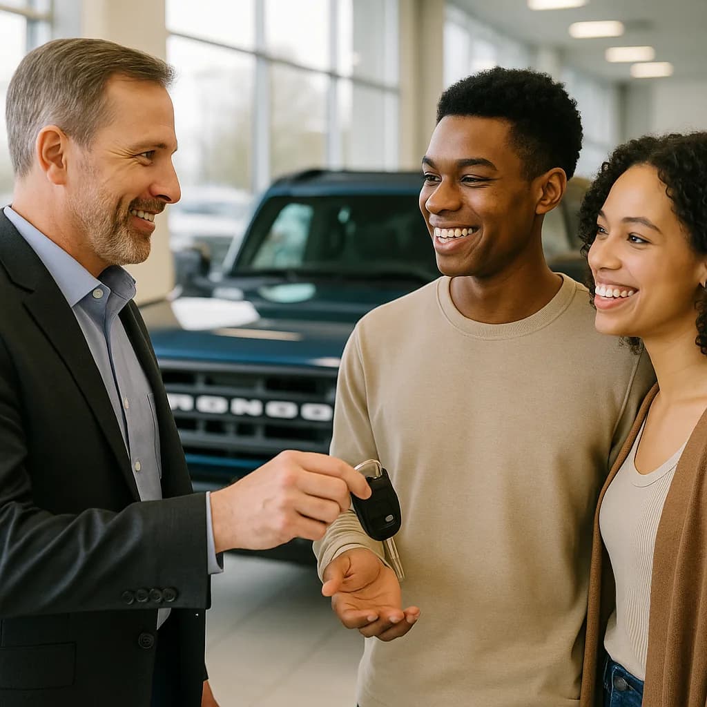 Car salesman handing keys to smiling young couple in dealership showroom