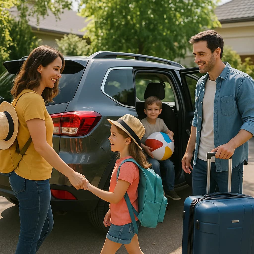 Happy family loading luggage into SUV for vacation trip outside their home