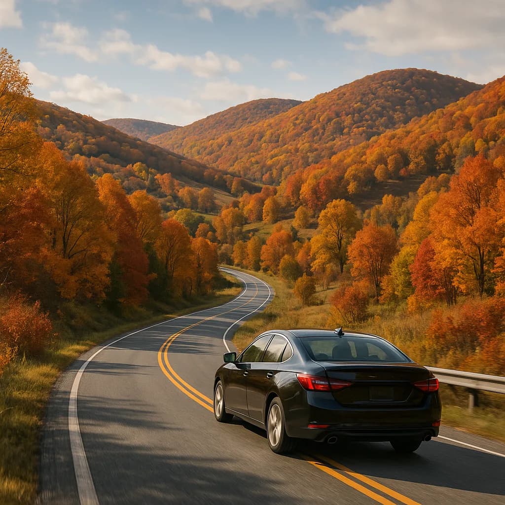 Dark sedan driving on curved mountain road surrounded by colorful autumn trees and rolling hills