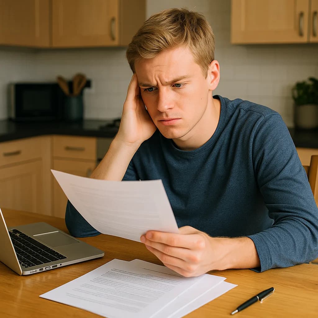 Worried young man reading financial documents at kitchen table with laptop