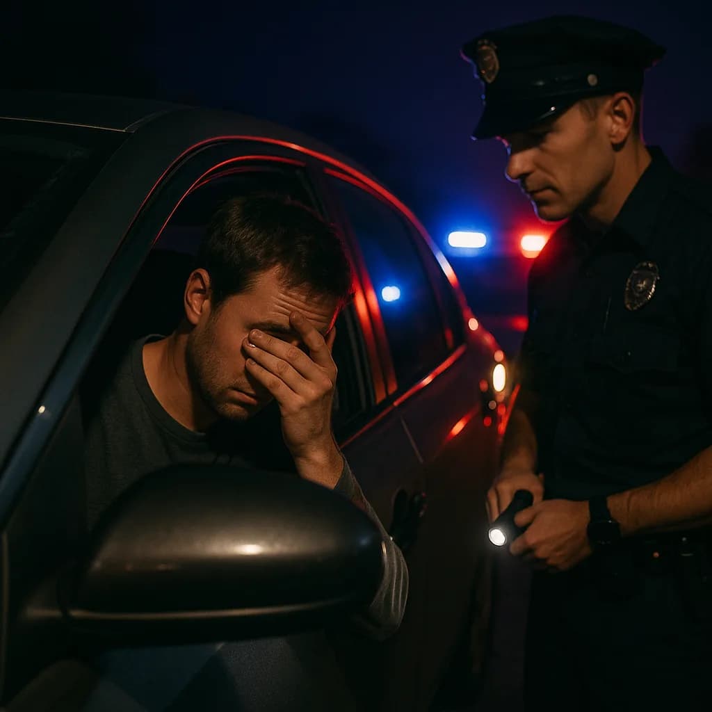 Police officer conducting nighttime traffic stop with distressed driver holding head in hand