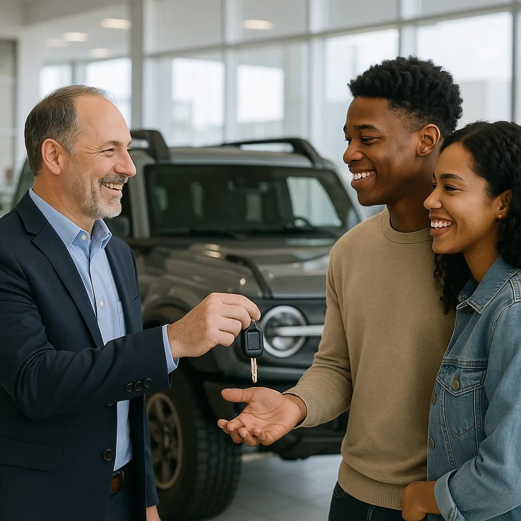 Car salesman handing keys to happy young couple at dealership showroom