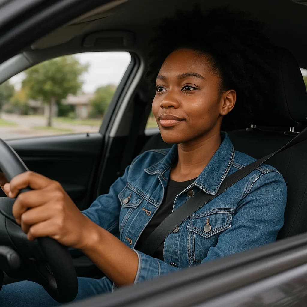 Young woman wearing denim jacket driving car in residential neighborhood