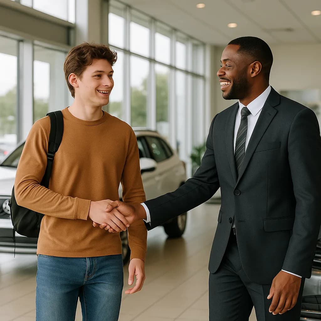 Two men shaking hands in a car dealership showroom, one in casual wear and one in business suit