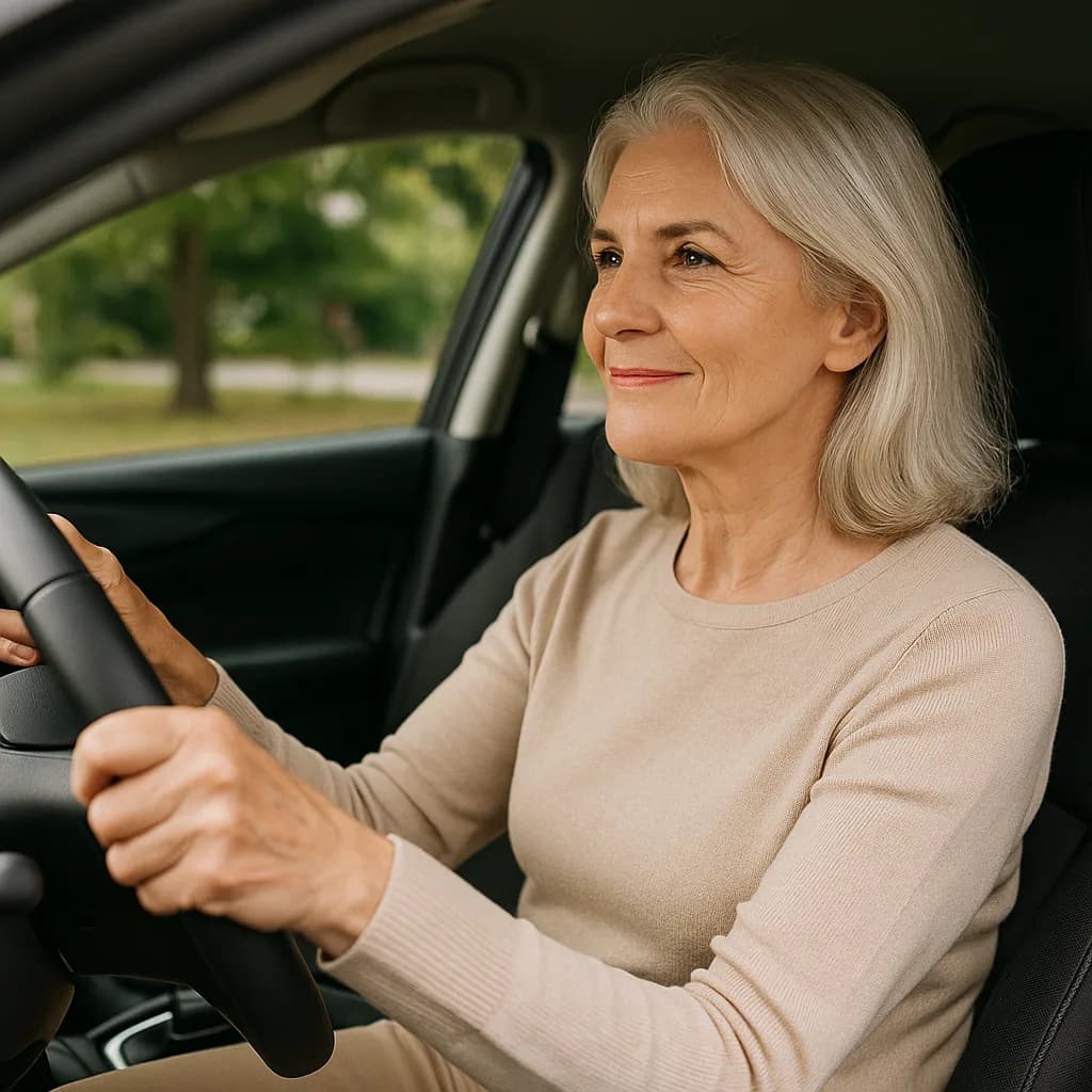 Senior woman with gray hair smiling while driving a car, wearing beige sweater
