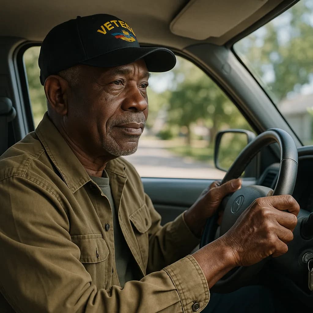 Elderly African American veteran in cap sitting in driver's seat of vehicle, hand on steering wheel