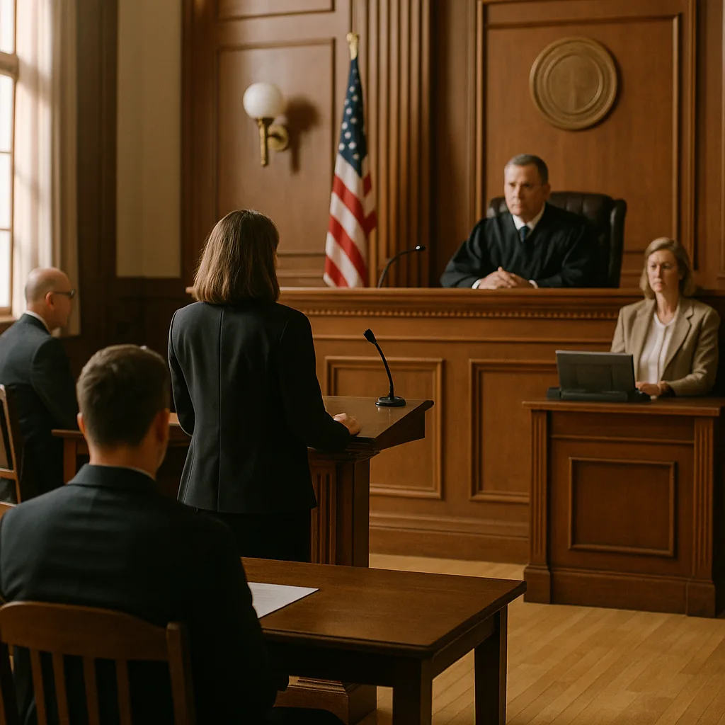 Female lawyer presenting case in courtroom before judge with American flag