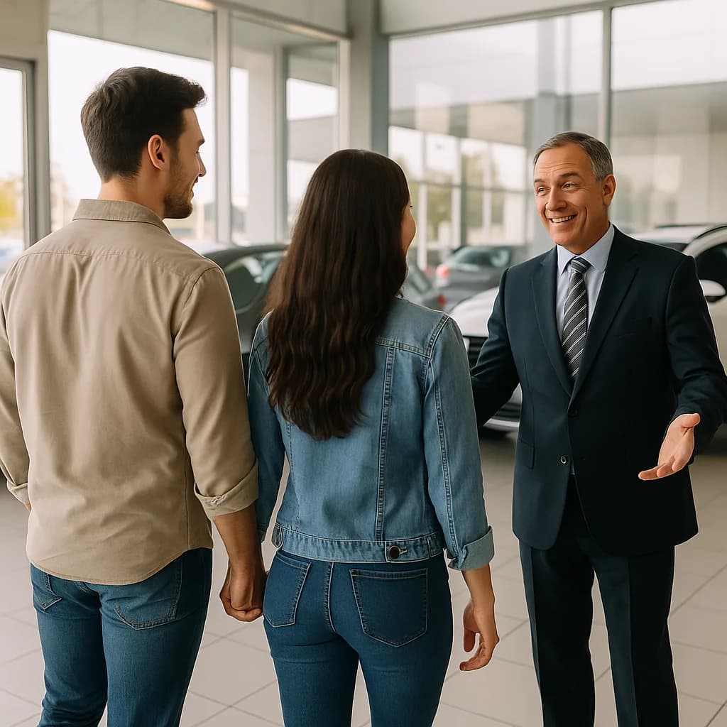 Car salesman in suit greeting young couple in modern auto dealership showroom