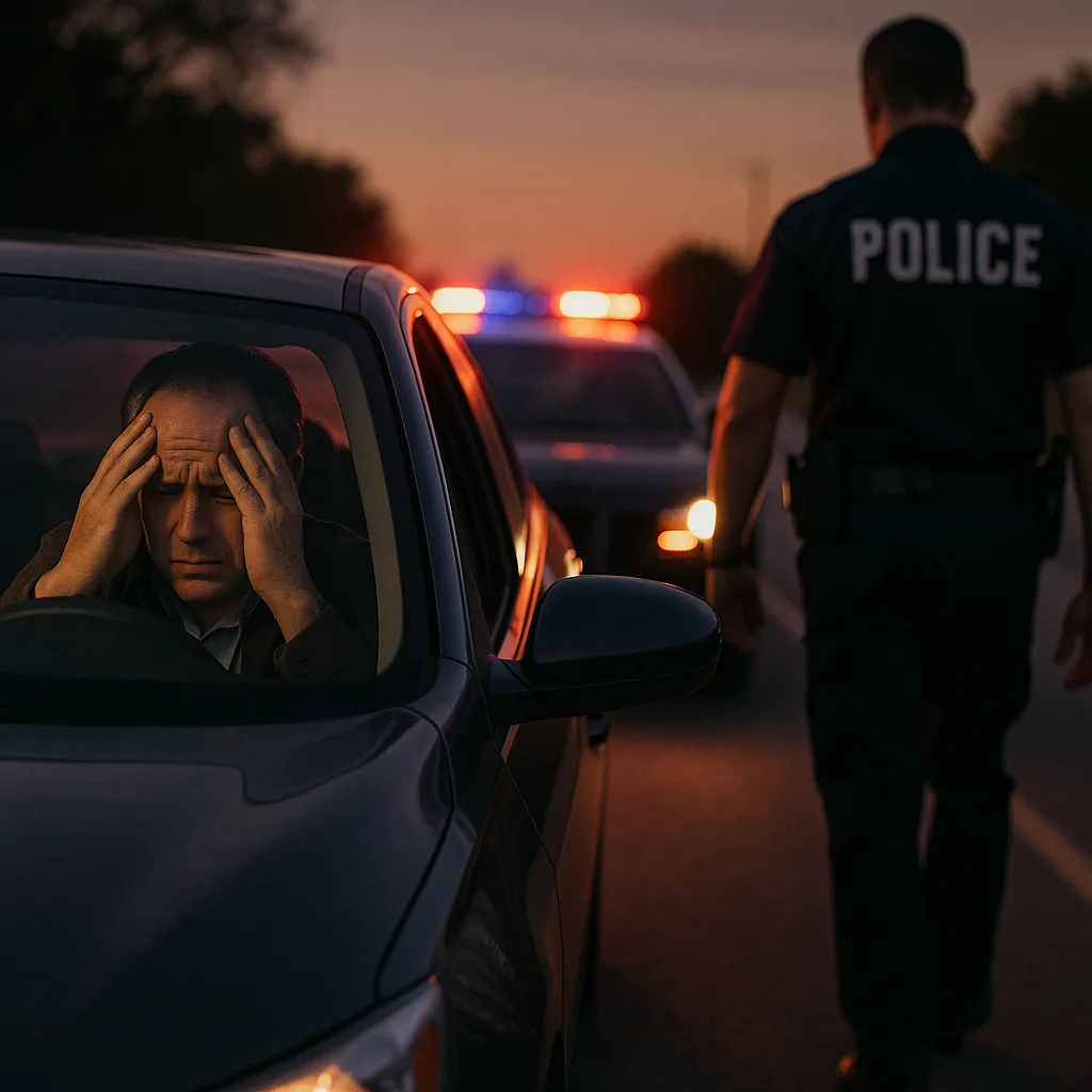 Stressed driver with hands on head during police traffic stop at sunset with emergency lights in background