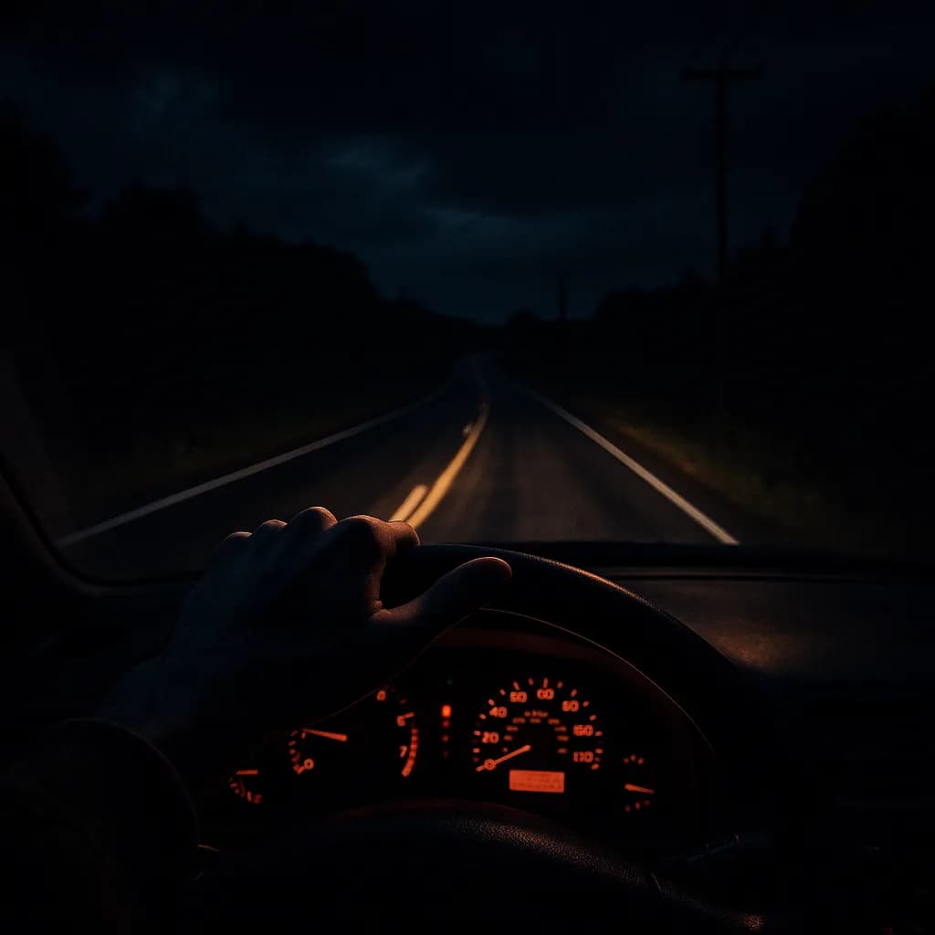 Hand on steering wheel during night driving with illuminated dashboard and dark road ahead