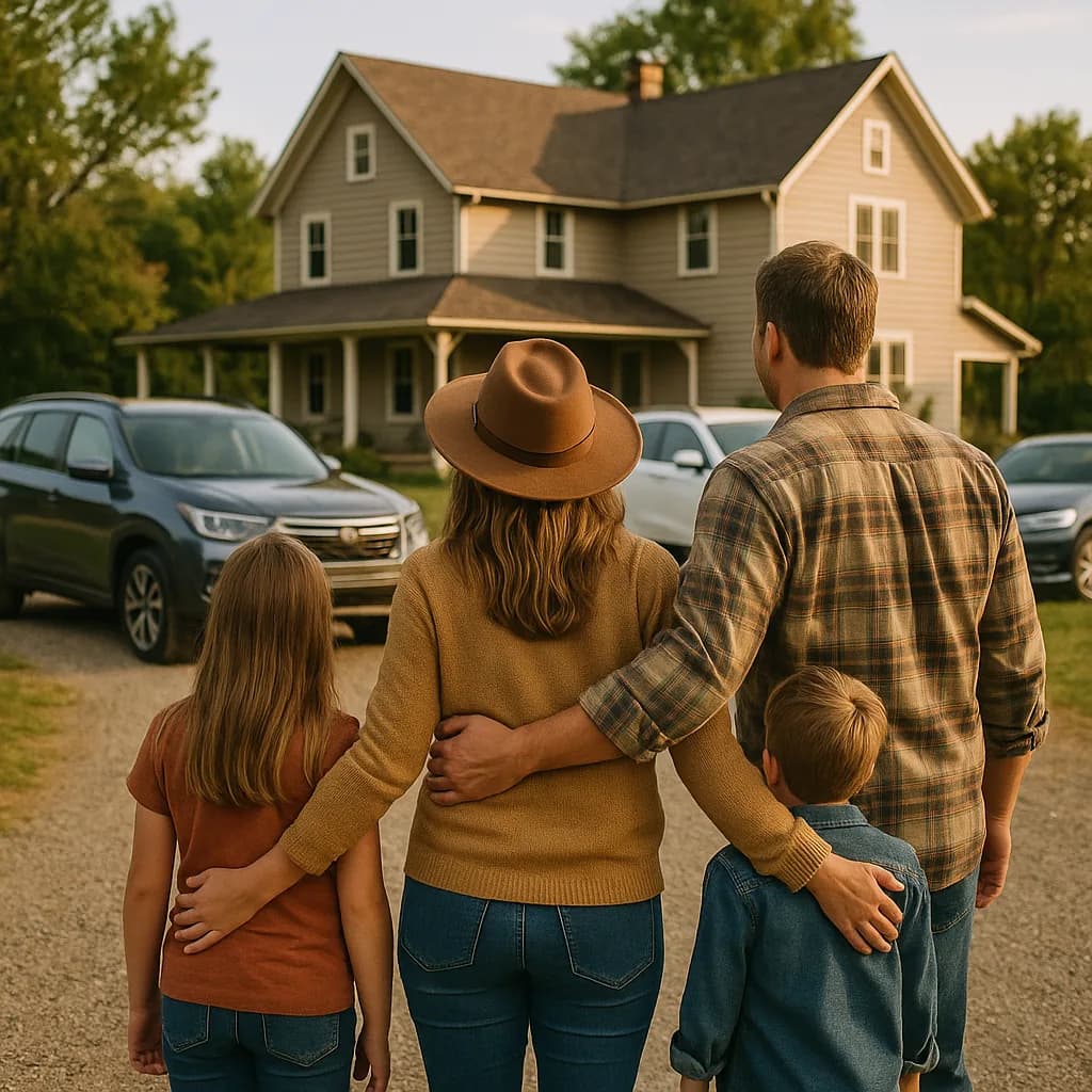 Family of four viewing their two-story farmhouse home from behind, standing together in driveway at sunset