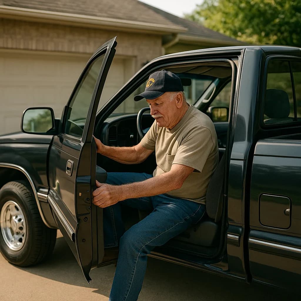 Elderly man in casual clothing sitting in driver's seat of green pickup truck with door open in residential driveway