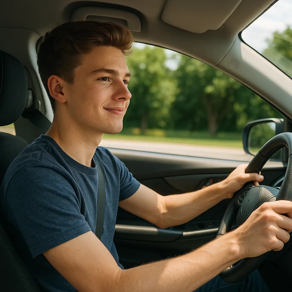 Young man smiling while driving a car on a sunny day with green trees visible through the windows