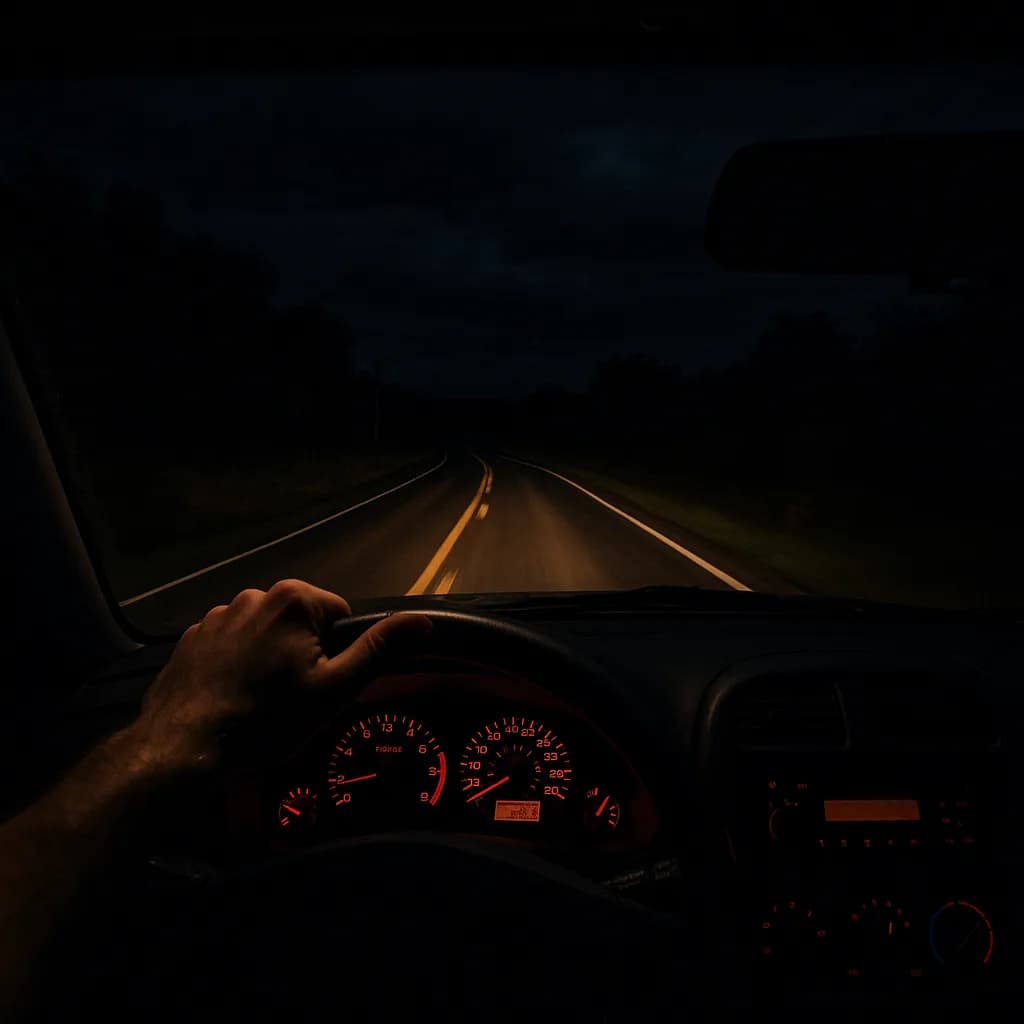 Driver's hand on steering wheel at night with illuminated dashboard gauges and headlights on dark winding road