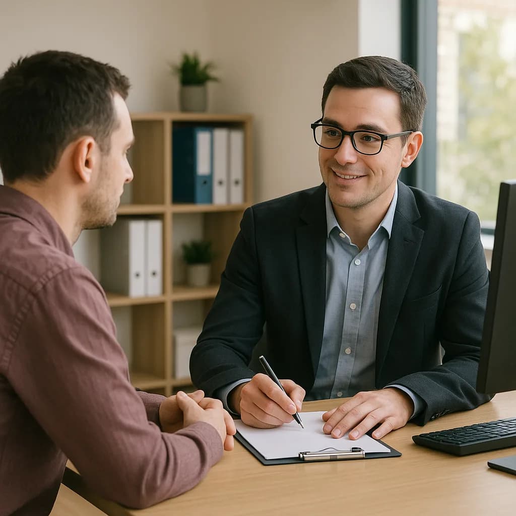 Two businessmen having a professional meeting in modern office, one taking notes at desk