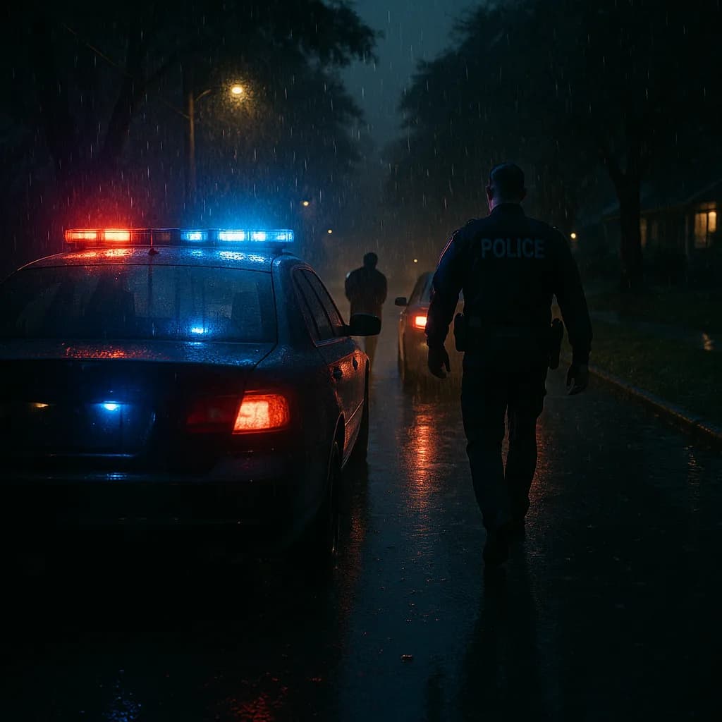 Police officer approaching suspect on rainy night street with patrol car emergency lights flashing