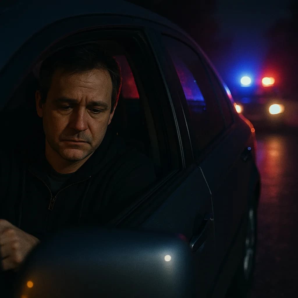 Man in vehicle at night with police lights in background, dramatic cinematic lighting and concerned expression