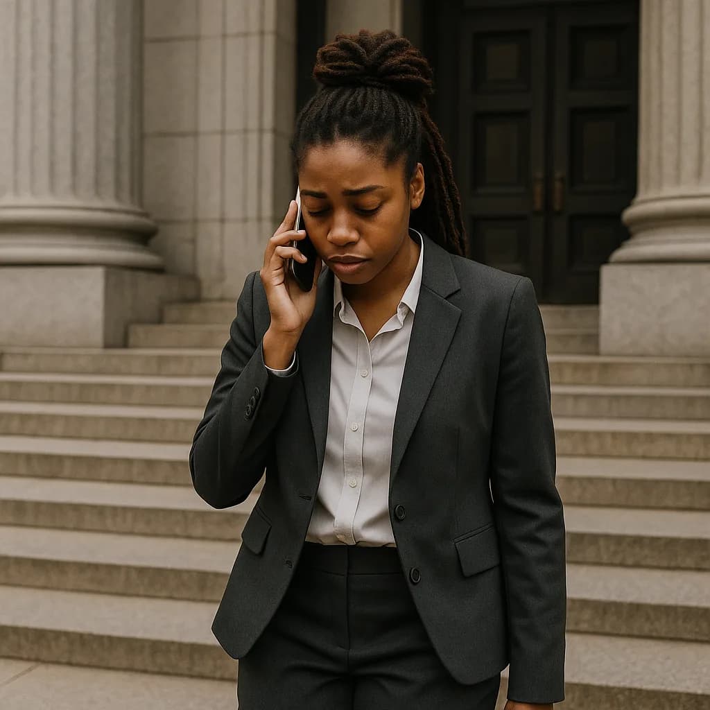 Professional woman in business suit talking on phone outside courthouse or government building with columns