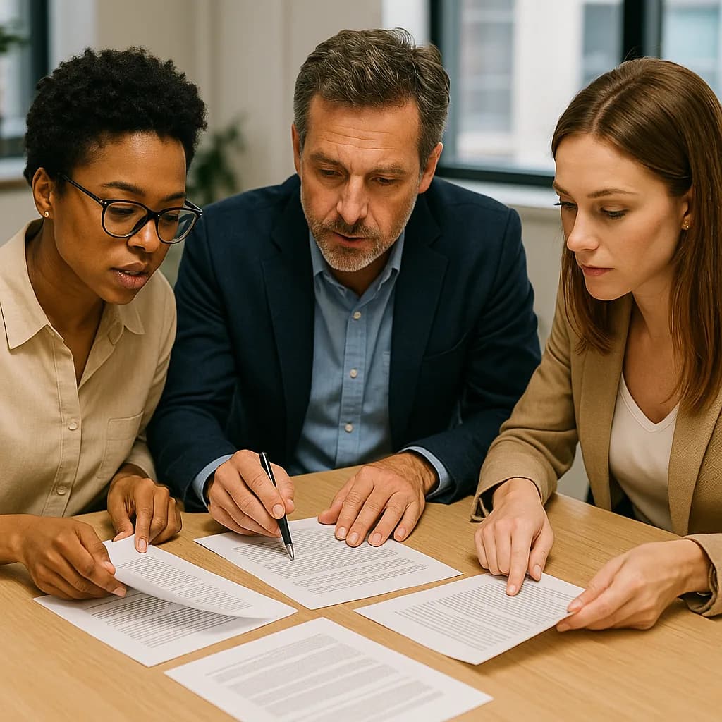 Three business professionals reviewing documents together at conference table in modern office