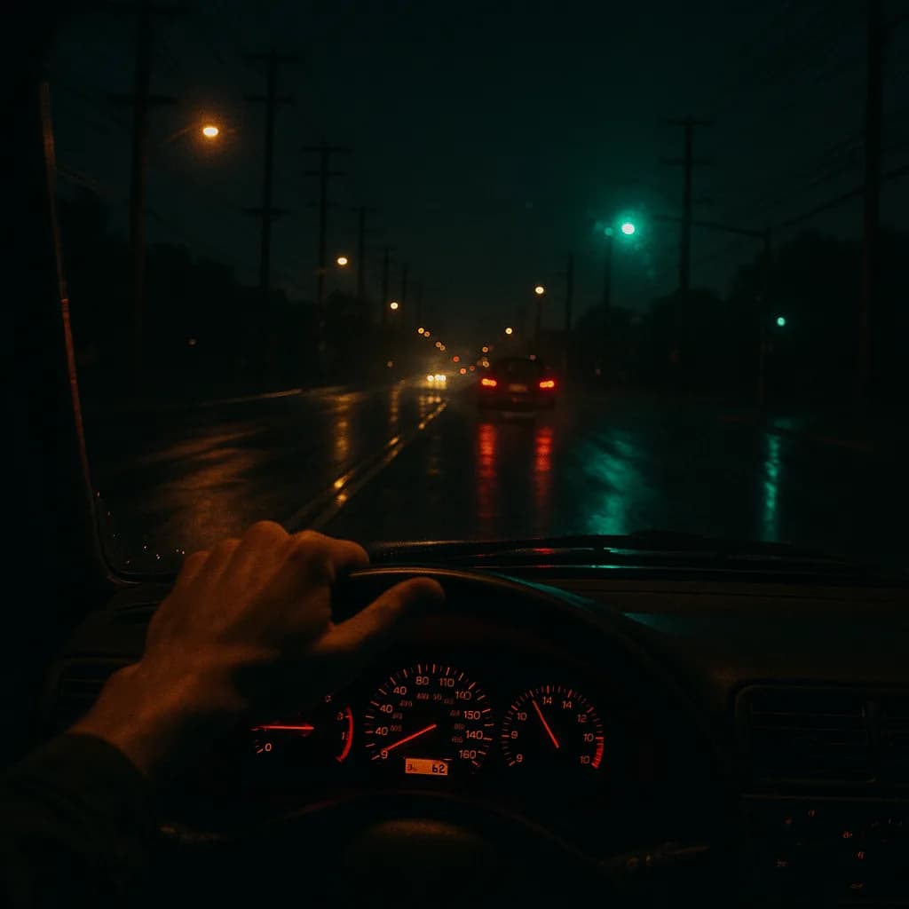 Driver's view from inside car at night showing steering wheel, dashboard, and wet rainy street with traffic lights
