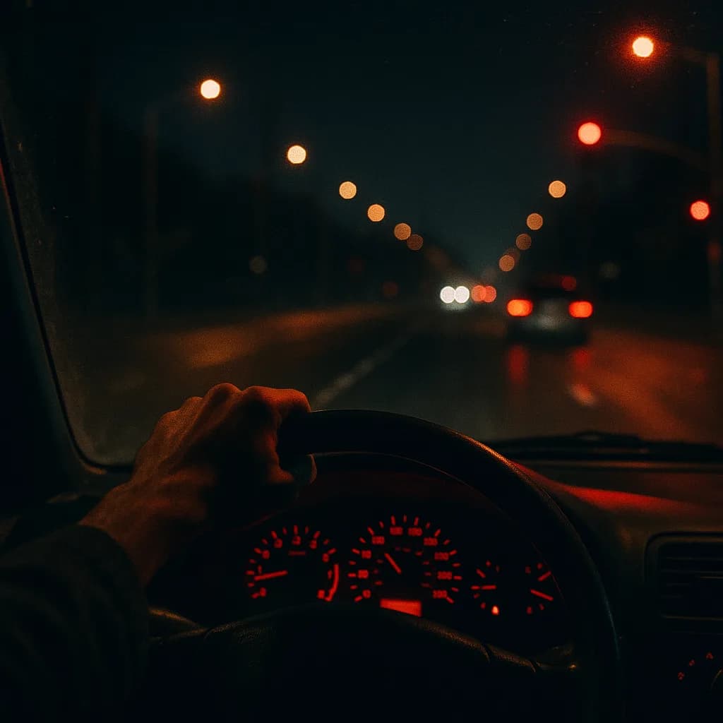 Driver's hand on steering wheel at night with blurred city lights and red dashboard illumination